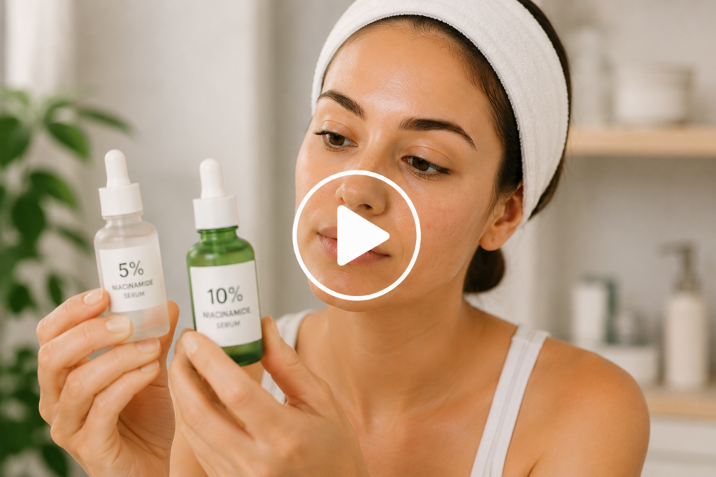 Woman comparing 5% and 10% niacinamide serum bottles with a video play button overlay