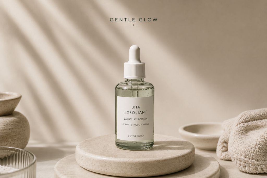 Editorial BHA exfoliant serum with salicylic acid for oily and acne-prone skin in a minimalist skincare setting by Gentle Glow.