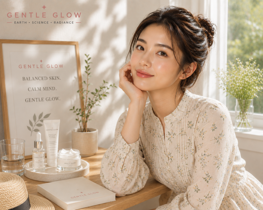 Woman with balanced oily skin relaxing indoors in soft summer light with Gentle Glow skincare products and calm breathable skincare aesthetic