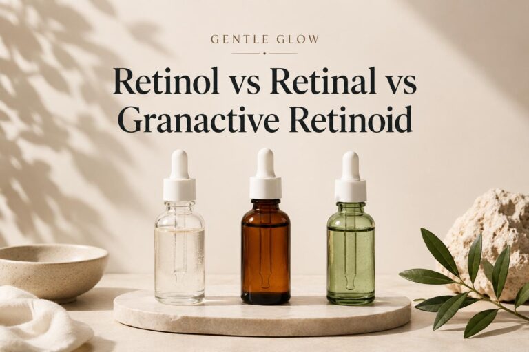 Editorial skincare comparison image featuring retinol, retinal, and Granactive Retinoid serums for oily acne-prone skin by Gentle Glow.