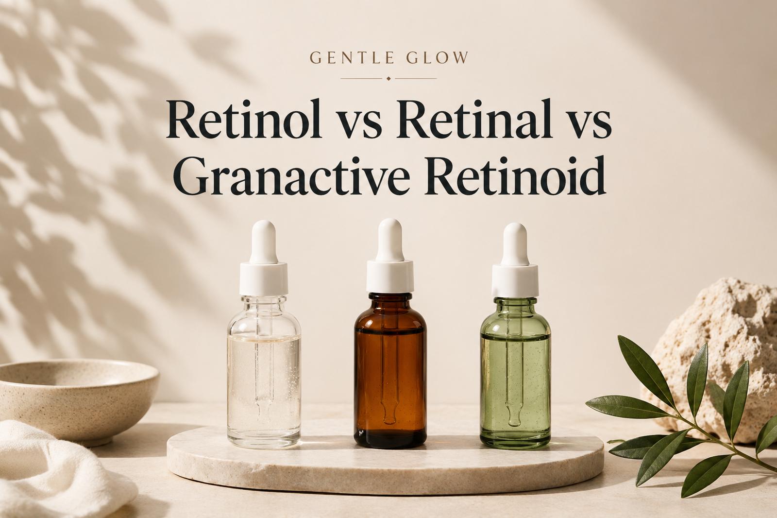 Editorial skincare comparison image featuring retinol, retinal, and Granactive Retinoid serums for oily acne-prone skin by Gentle Glow.