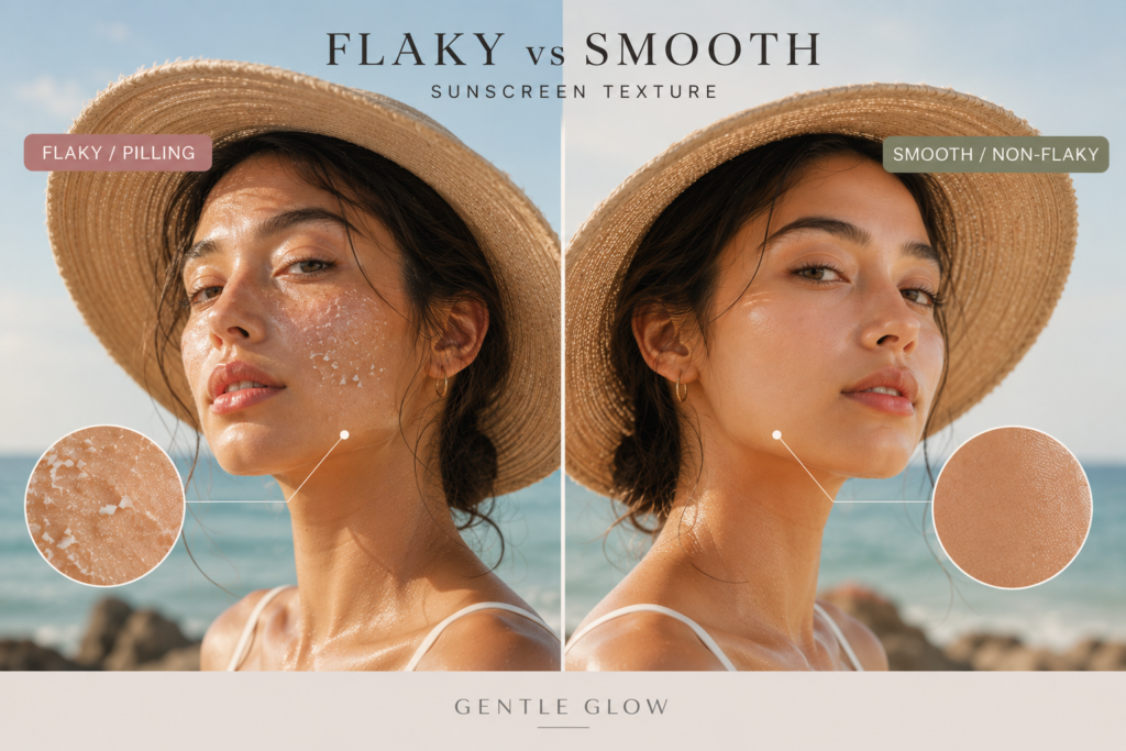 Split comparison image showing flaky sunscreen pilling versus smooth sunscreen texture on oily skin during humid summer weather.