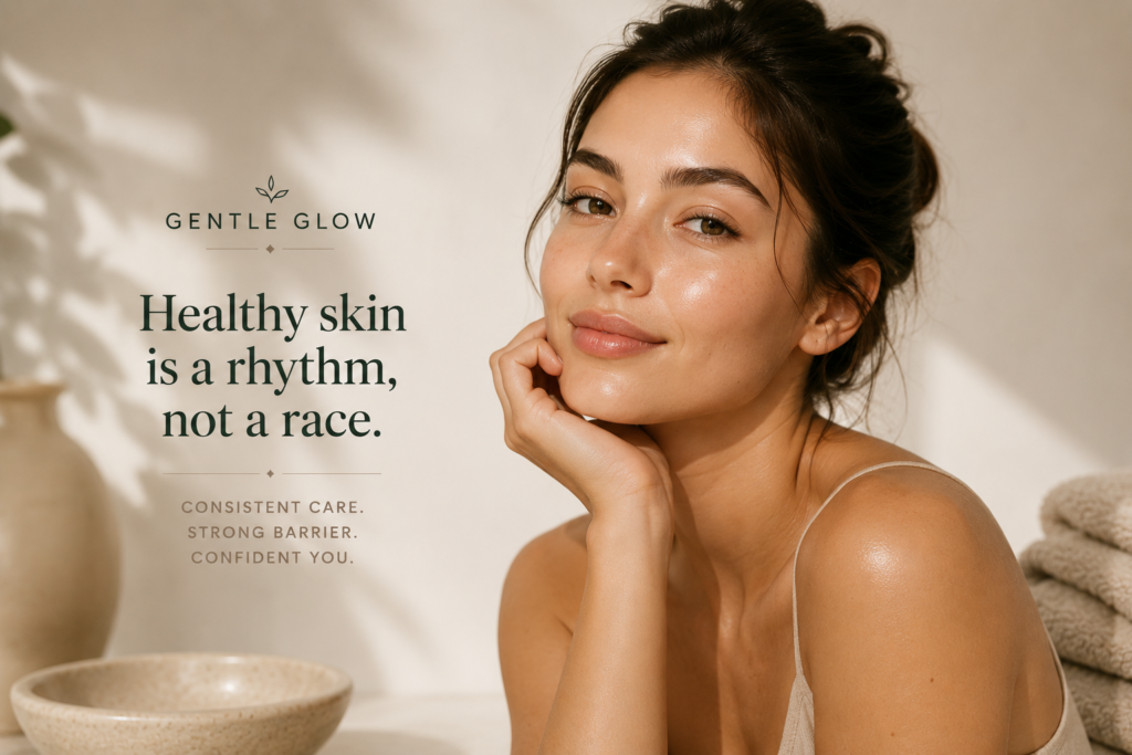 Editorial skincare image of glowing healthy skin representing balanced exfoliation and skin barrier support for oily and acne-prone skin by Gentle Glow.