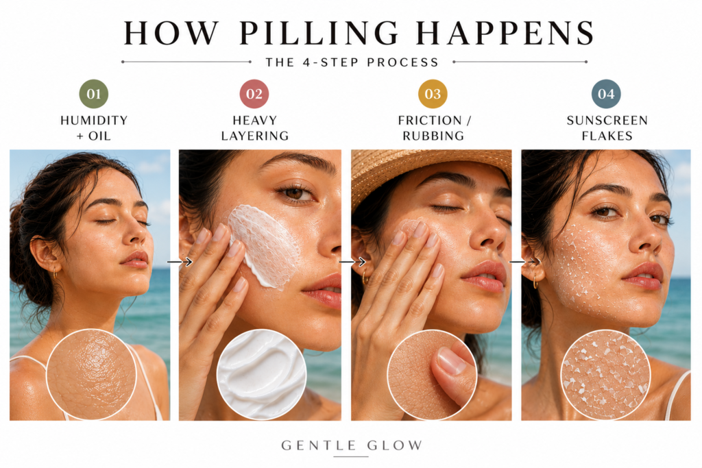 Editorial infographic showing how sunscreen pilling on oily skin happens during summer through humidity, heavy layering, friction, and sunscreen flakes.