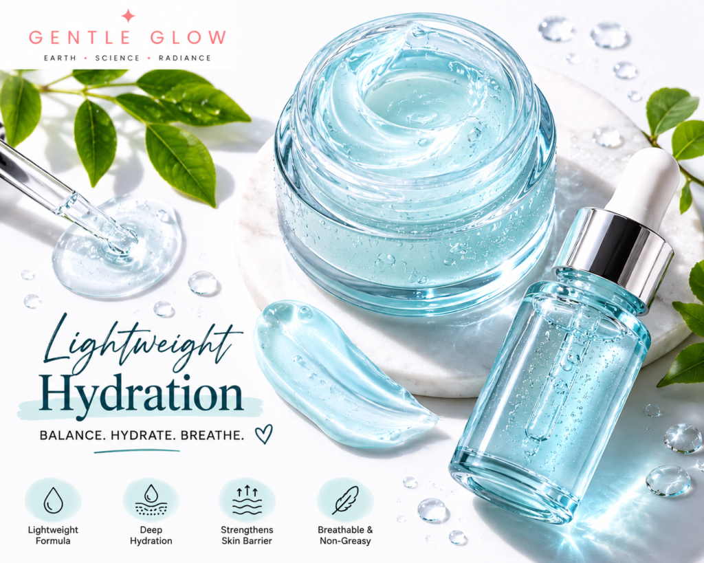 Lightweight hydration skincare textures for oily skin featuring breathable water-gel moisturizer and serum for summer AC rebound sebum support