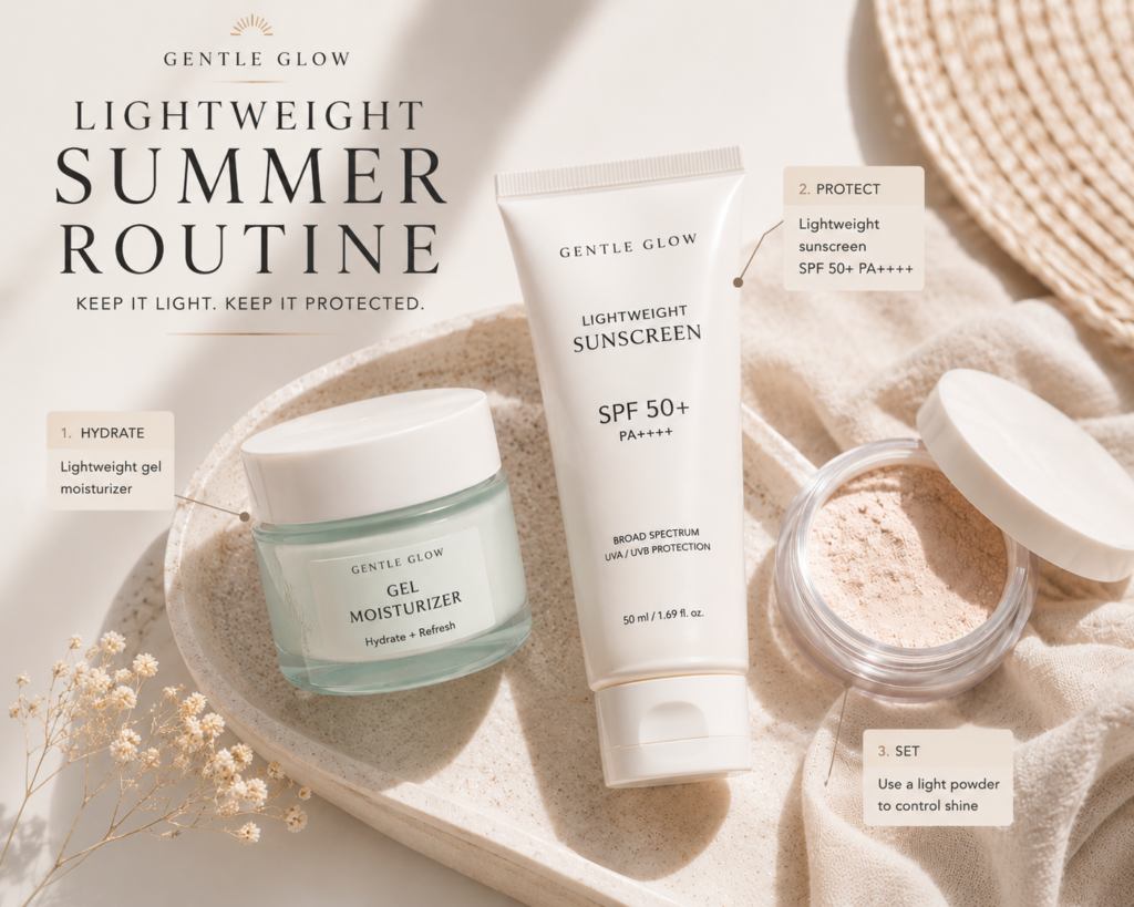 Minimal editorial flatlay showing a lightweight summer skincare routine for oily skin with gel moisturizer, sunscreen, and soft powder products.
