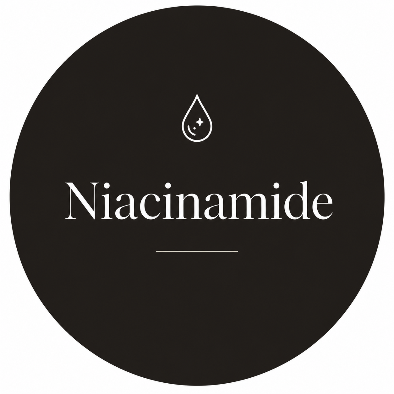 Minimal dark circular skincare ingredient graphic featuring the word Niacinamide with a simple serum drop icon in an elegant editorial style.