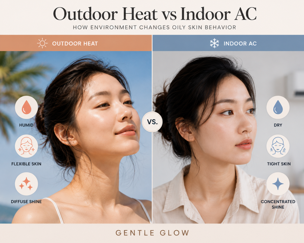 Summer AC rebound sebum infographic comparing outdoor heat and indoor air conditioning effects on oily skin behavior, hydration, and shine