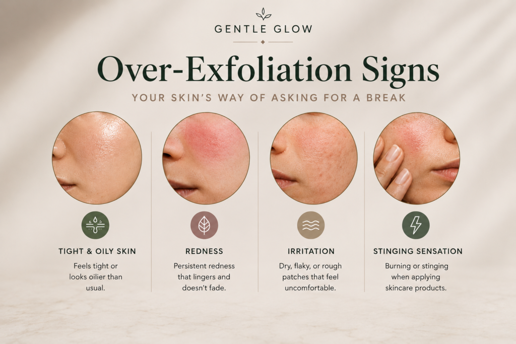 Infographic showing signs of over-exfoliation on oily and acne-prone skin including tight oily skin, redness, irritation, and stinging sensations by Gentle Glow.