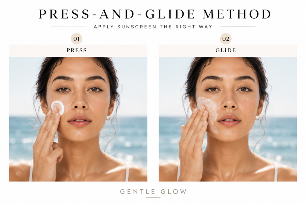 Close-up infographic showing the Press-and-Glide sunscreen application method for oily skin to help prevent sunscreen pilling during summer.