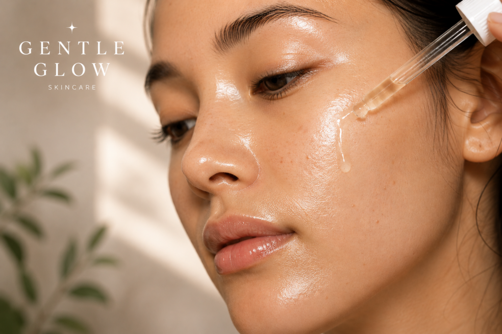 Close-up editorial skincare image of serum application on oily acne-prone skin by Gentle Glow.