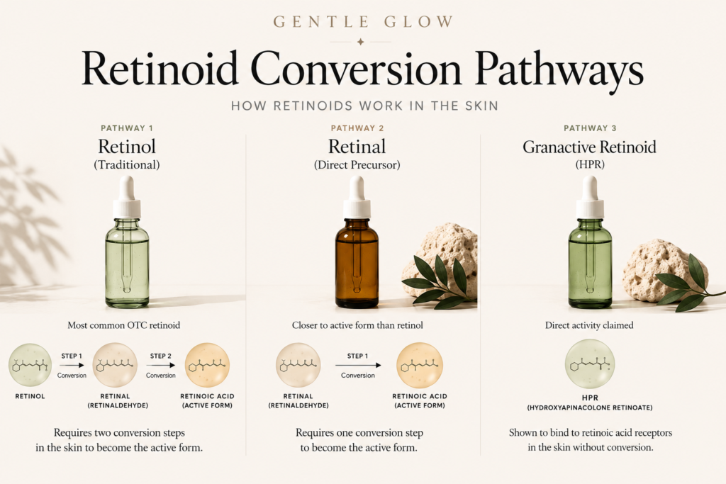 Editorial infographic showing Retinol vs retinal vs Granactive Retinoid conversion pathways for oily acne-prone skin.