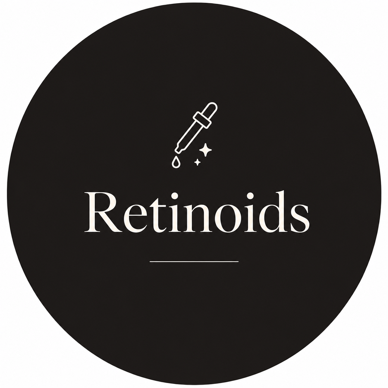 Minimal dark circular skincare ingredient graphic featuring the word Retinoids with a simple serum dropper icon in an elegant editorial style.