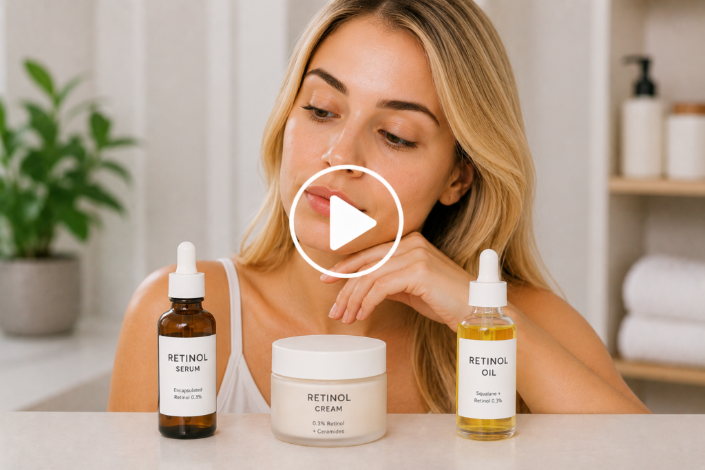 Blonde woman comparing retinol serum, retinol cream, and retinol oil with a video play button overlay