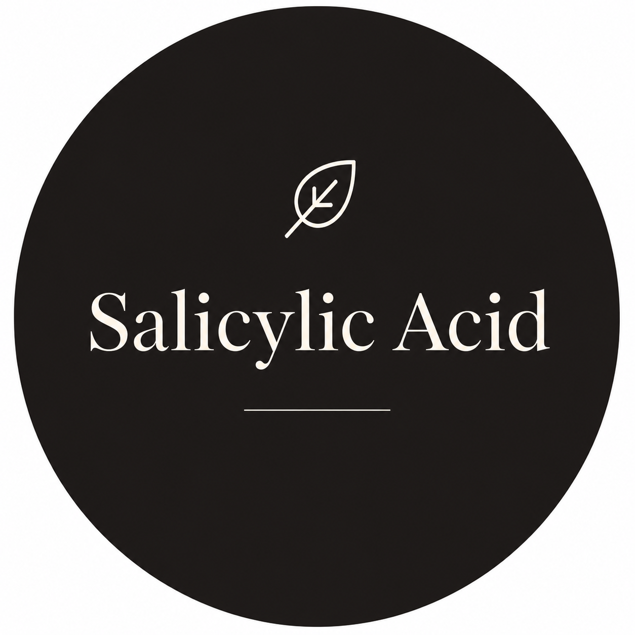Minimal dark circular skincare ingredient graphic featuring the words Salicylic Acid with a simple leaf icon in an elegant editorial style.