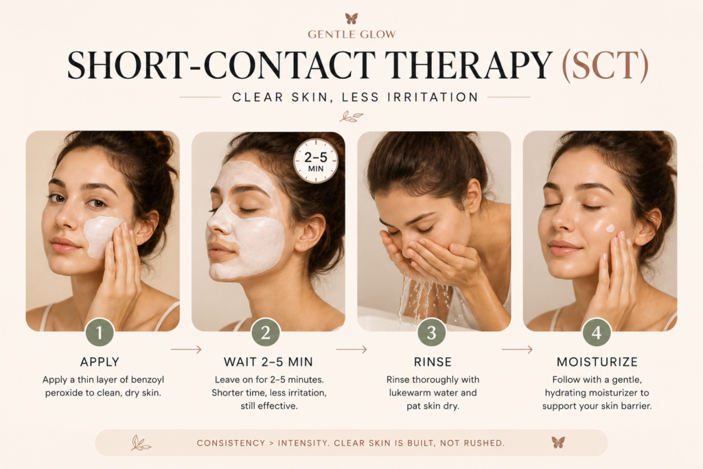 Short-contact therapy routine for oily and acne-prone skin showing how to apply, wait, rinse, and moisturize after benzoyl peroxide treatment.