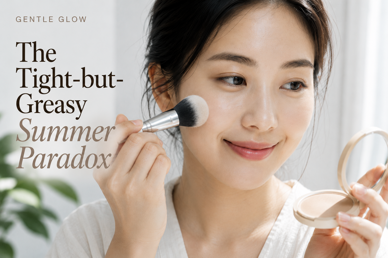 Woman applying mattifying powder in soft summer indoor lighting while dealing with tight but oily skin in an air-conditioned environment