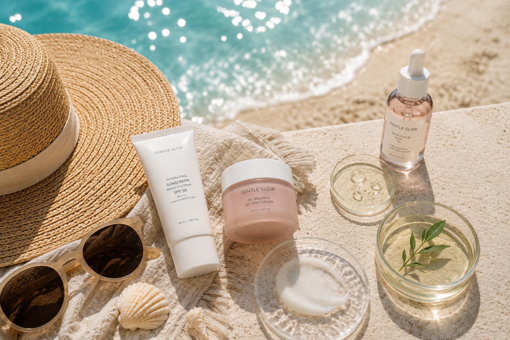 Summer skincare flat lay with sunscreen, moisturizer, serum, beach hat, sunglasses, and skincare ingredients beside the ocean for oily and acne-prone skin routines.