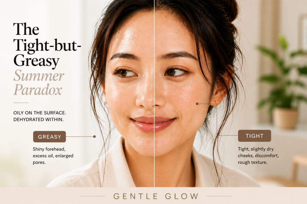 Summer AC rebound sebum editorial split-image showing oily dehydrated skin with shiny forehead and tight dry cheek texture in an indoor office environment