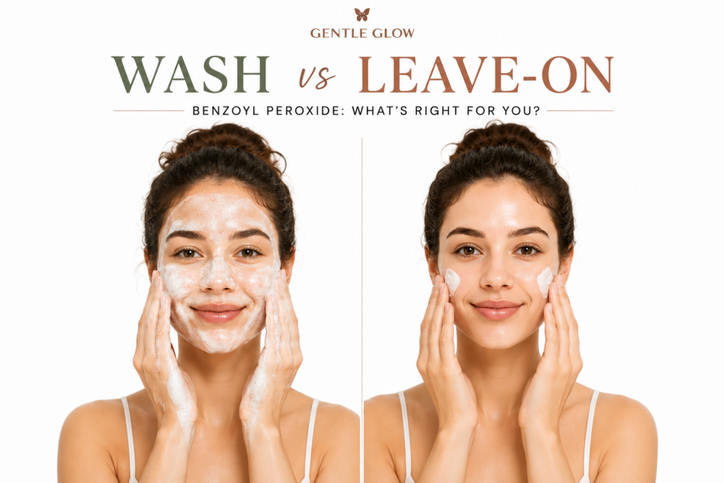 Wash vs leave-on benzoyl peroxide comparison for oily and acne-prone skin showing cleanser foam versus leave-on treatment application.