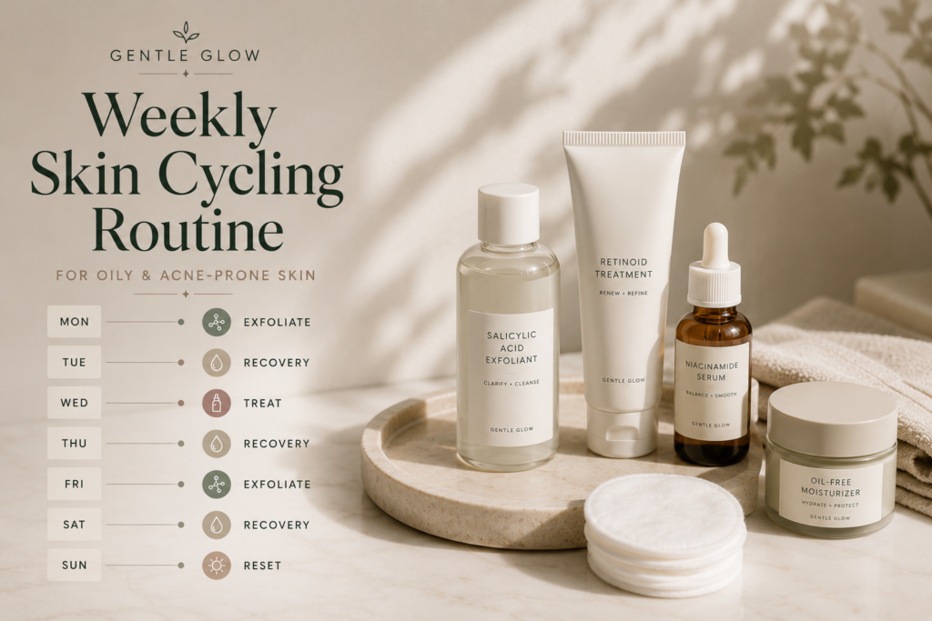 Editorial weekly exfoliation routine for oily and acne-prone skin featuring Salicylic Acid, retinoid treatment, recovery nights, and barrier-support skincare products by Gentle Glow.