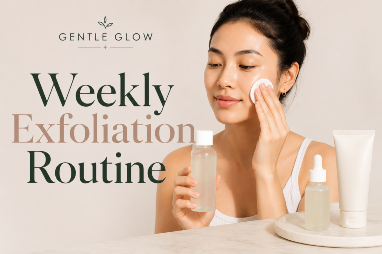 Model applying a gentle exfoliation routine for oily and acne-prone skin with skincare products in a clean editorial setting by Gentle Glow.