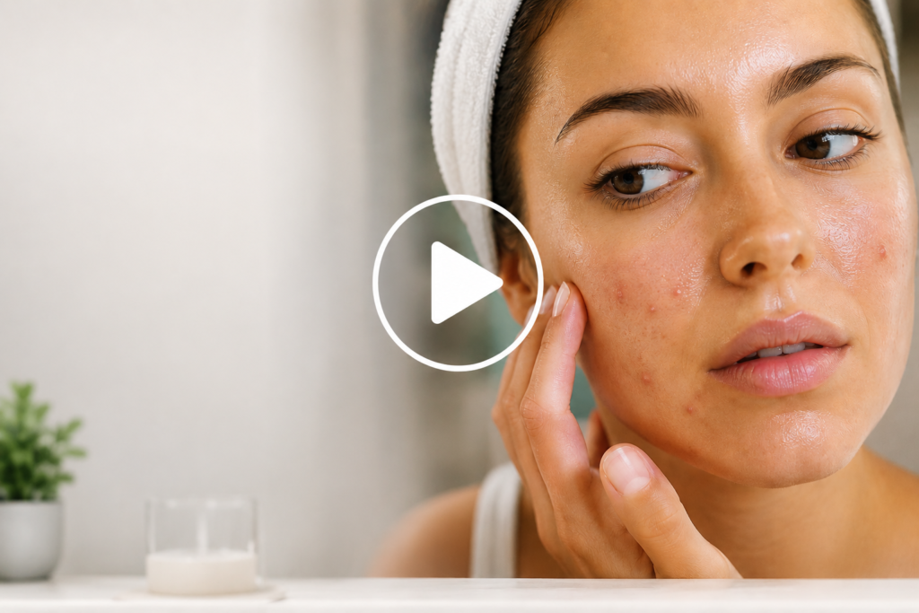 Woman examining acne-prone skin in a mirror with a video play button overlay