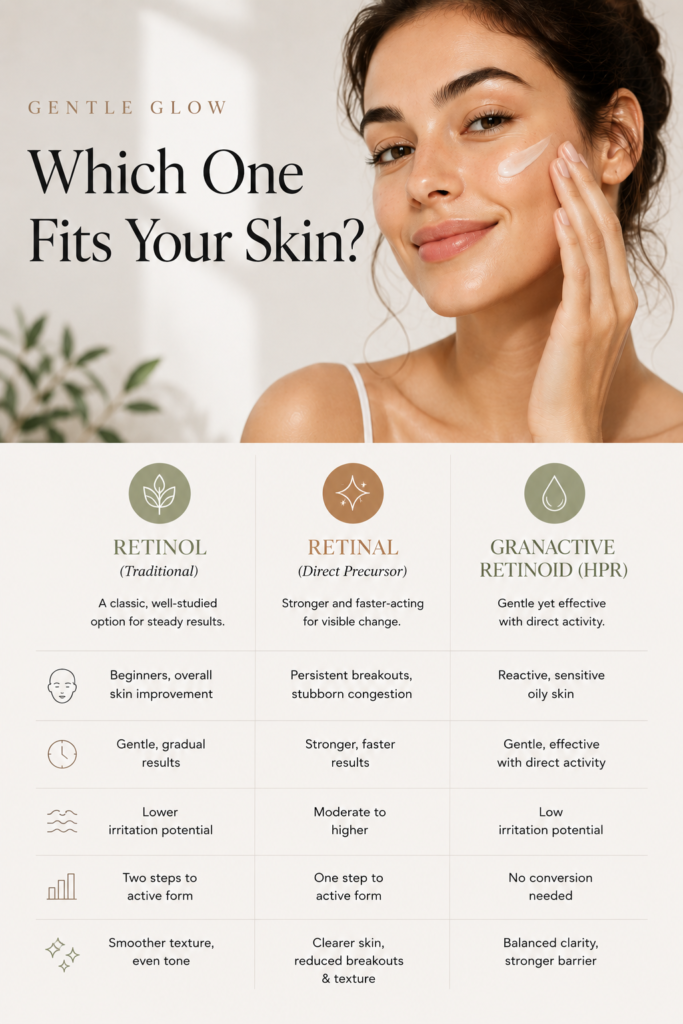 Editorial comparison infographic showing how to choose between retinol, retinal, and Granactive Retinoid for oily acne-prone skin.