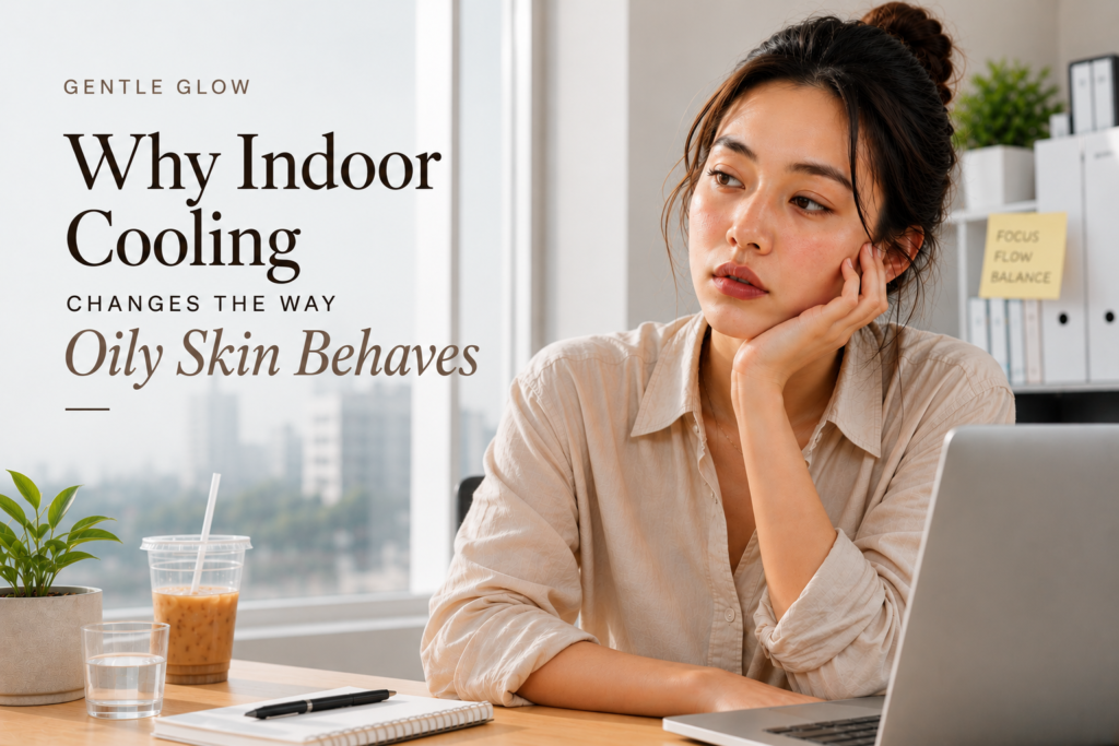 Woman with oily dehydrated skin sitting in a bright air-conditioned office during summer with laptop and indoor cooling environment