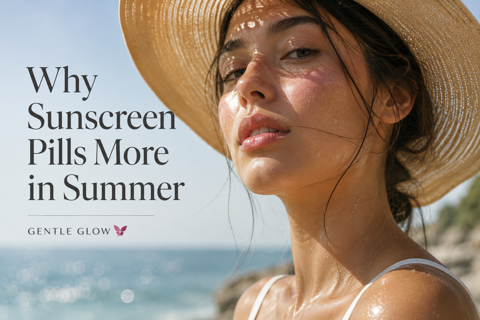 Woman with luminous oily skin wearing a wide summer hat by the sea with editorial text about sunscreen pilling during humid summer weather.
