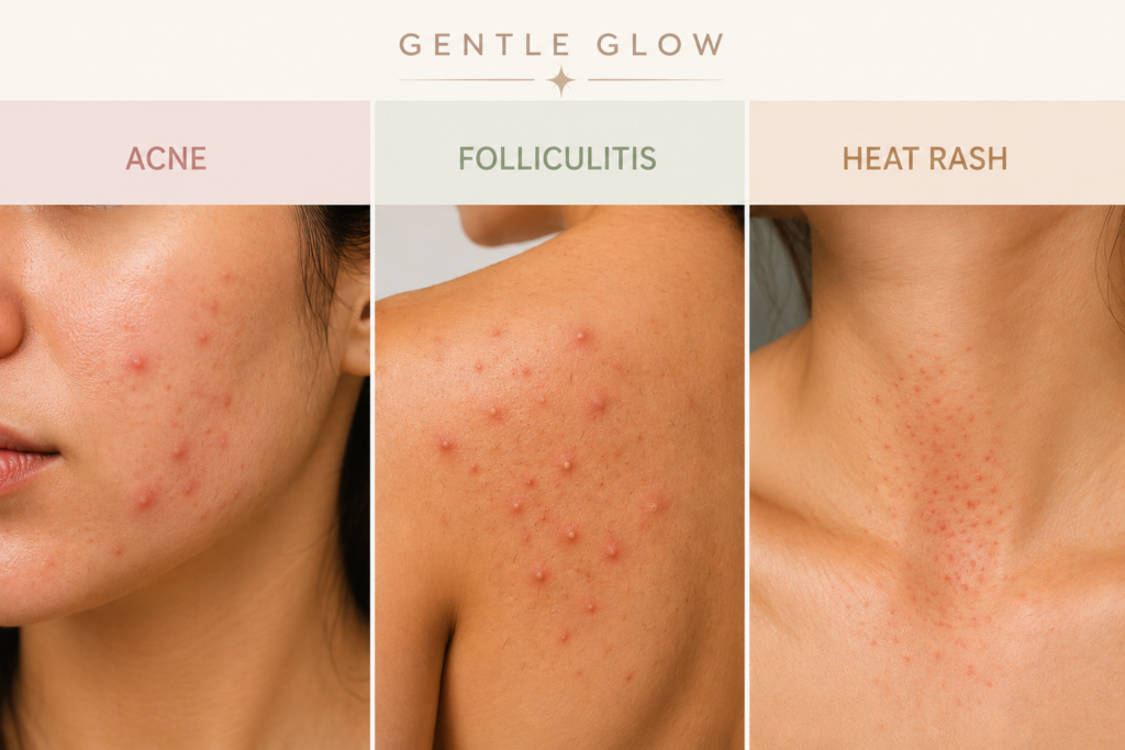 Acne versus folliculitis versus heat rash comparison for workout-related skin bumps in oily and acne-prone skin.
