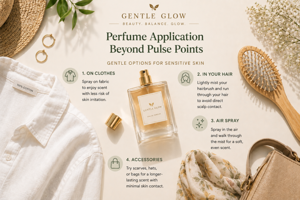 Alternative perfume application methods for sensitive skin, including applying fragrance to clothing, hair, and accessories instead of directly to skin.