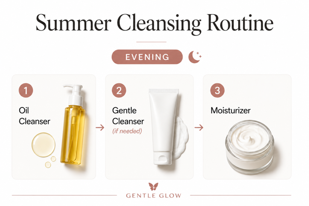 A barrier-friendly summer cleansing routine starts with an oil cleanser when needed, followed by a gentle cleanser and moisturizer to help support healthy skin.