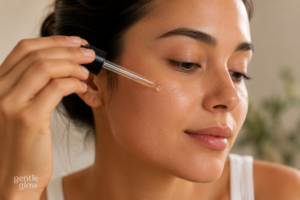 Woman applying a facial serum during an evening skincare routine for oily and acne-prone skin.