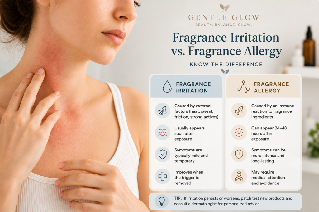 Fragrance irritation versus fragrance allergy on sensitive skin showing redness on the neck and key differences between irritation and allergic reactions.
