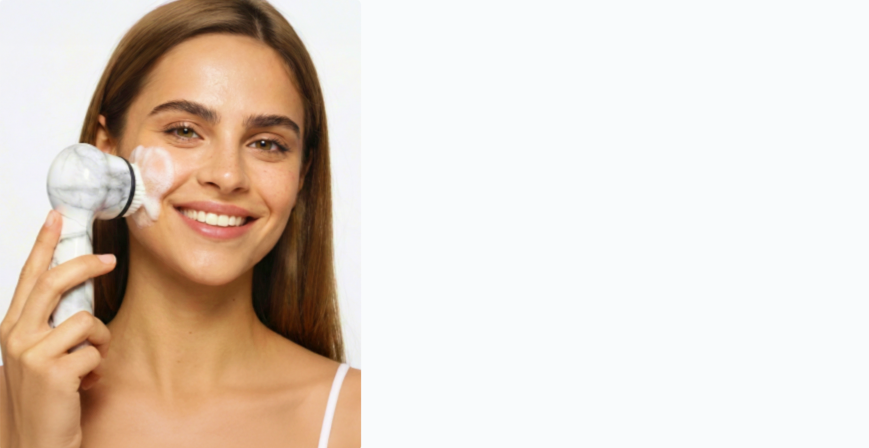 Woman using Michael Todd Beauty Soniclear facial cleansing brush as part of a post-workout skincare routine.