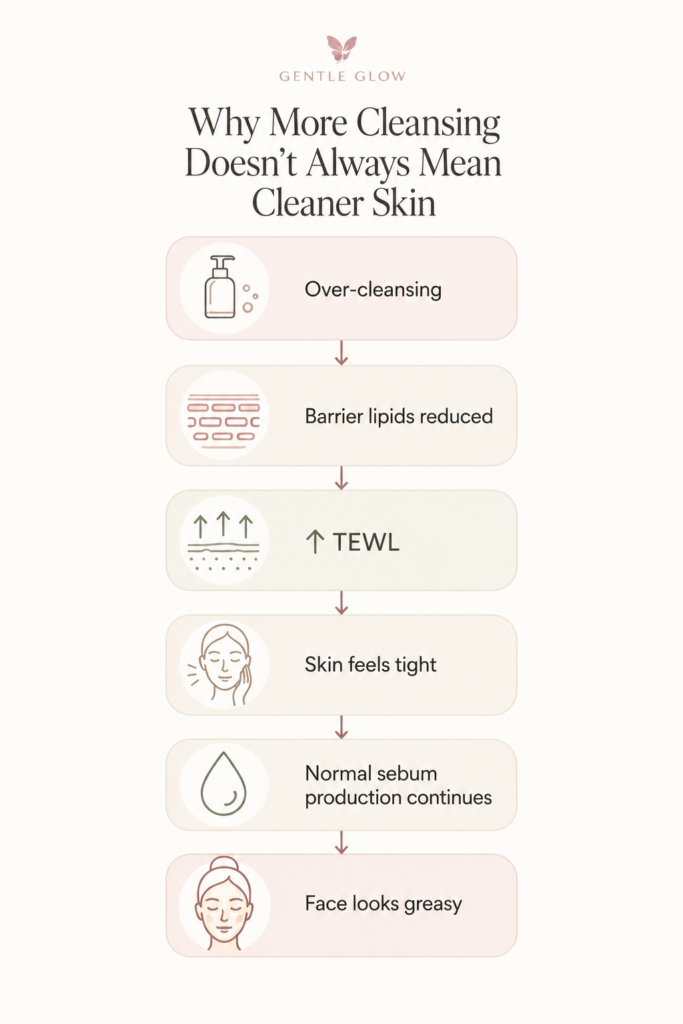 Infographic from The Summer Double Cleansing Trap explaining how over-cleansing can disrupt the skin barrier, increase transepidermal water loss (TEWL), and leave oily and acne-prone skin feeling tight but looking greasy.