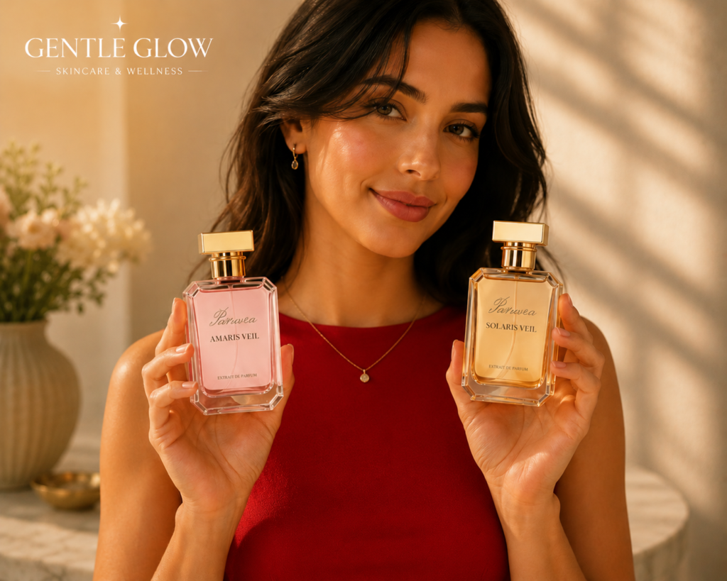 Woman holding Paruvea Solaris Veil and Paruvea Amaris Veil fragrances while discussing fragrance and sensitive skin during summer heat and humidity.
