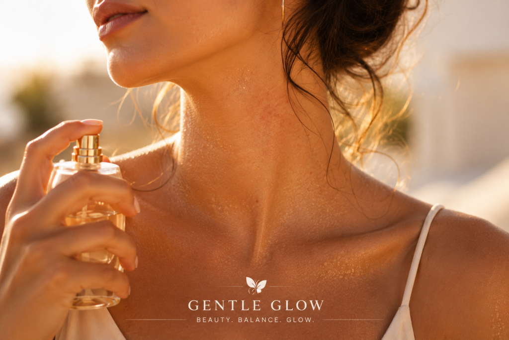 Fragrance and sensitive skin during summer heat, showing perfume applied near a warm neck and collarbone area.
