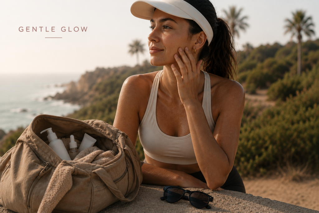 Woman outdoors after exercise with an open gym bag containing skincare essentials for oily and acne-prone skin.
