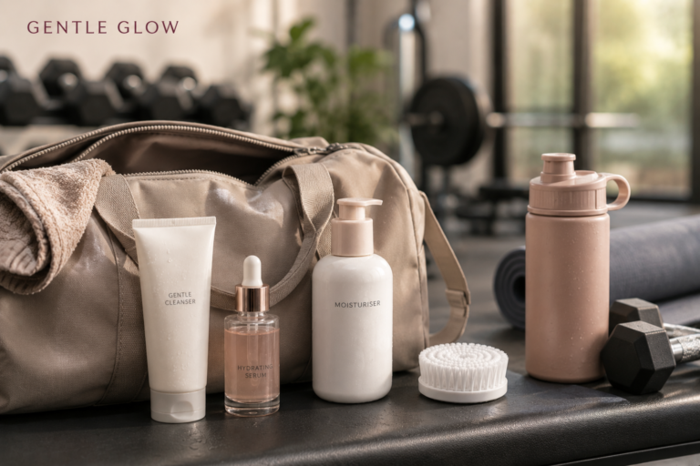 Best post-workout skincare products for oily and acne-prone skin displayed beside a gym bag, including a cleanser, moisturizer, hydrating serum, cleansing brush, and water bottle.