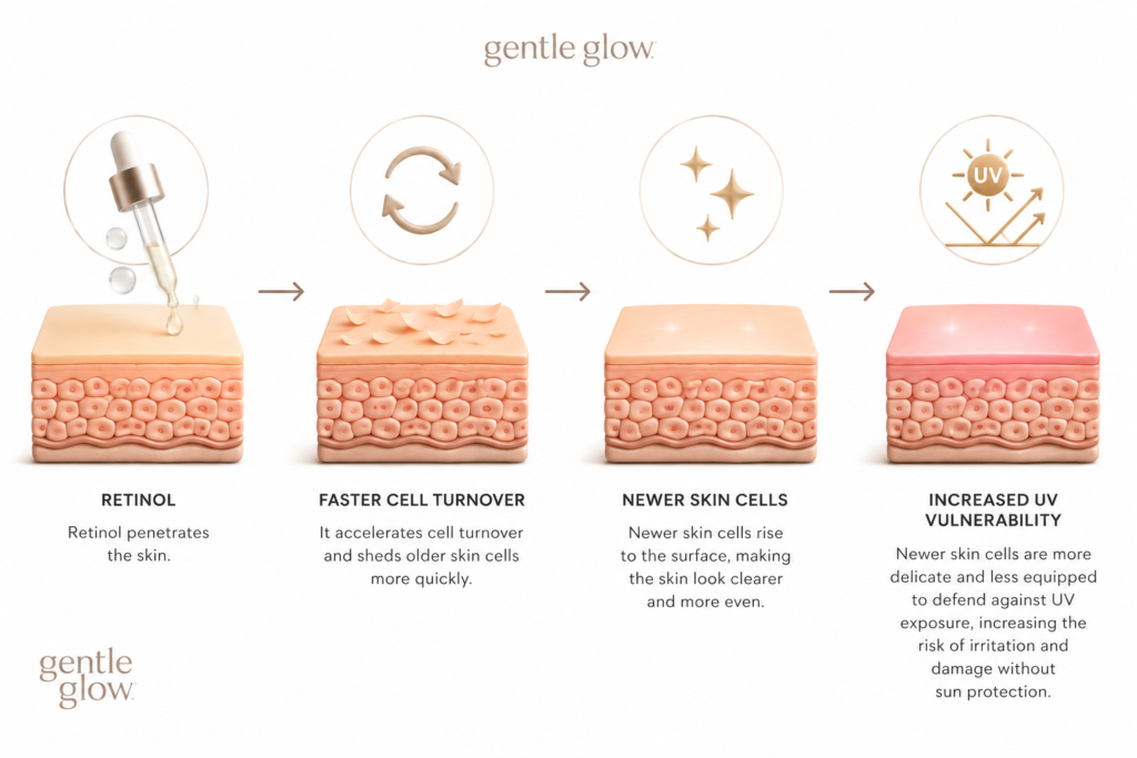 Can you use retinol in summer? Diagram showing how retinol increases skin cell turnover and can make newly revealed skin cells more vulnerable to UV exposure.