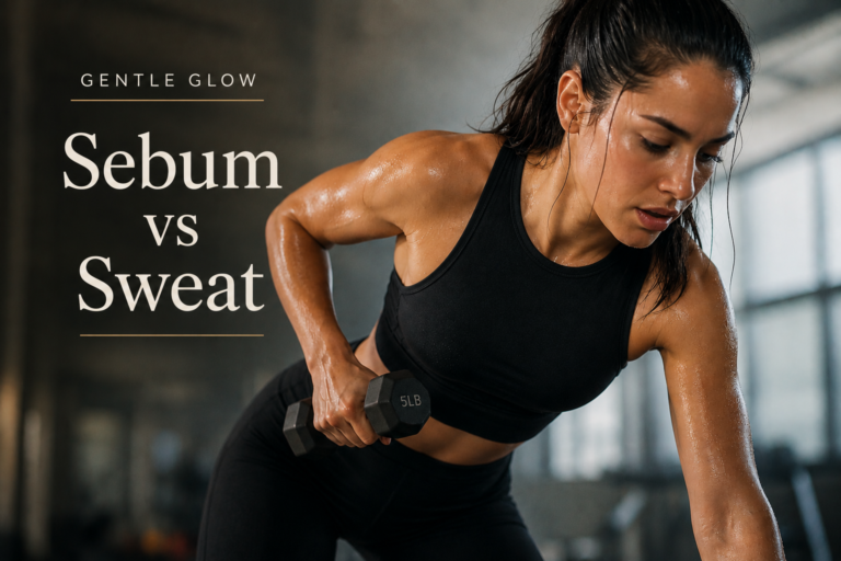Woman exercising in a gym with visible sweat on her skin illustrating the difference between sebum and sweat in workout-related breakouts.