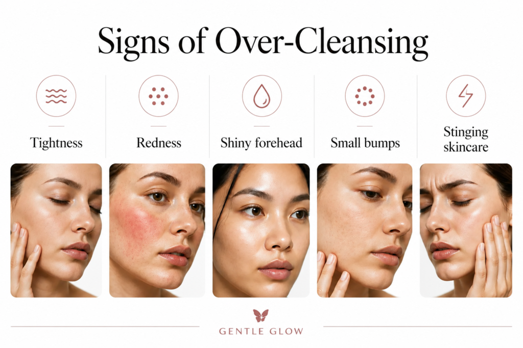 Signs of over-cleansing in oily and acne-prone skin, including tightness, redness, a shiny forehead, small bumps, and stinging after applying skincare products.