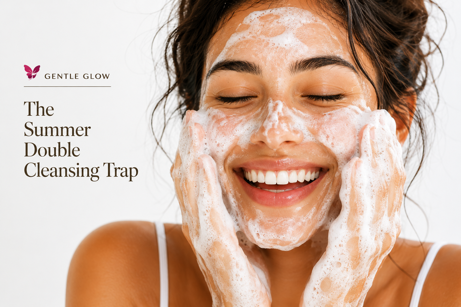 Woman smiling while cleansing her face with foaming cleanser during a summer skincare routine for oily and acne-prone skin.