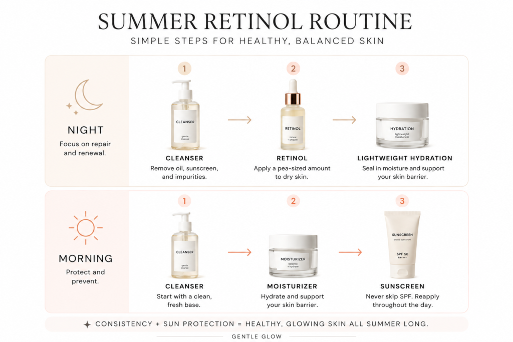 Morning and evening summer retinol routine showing cleanser, retinol, lightweight hydration, moisturizer, and sunscreen steps for oily skin.