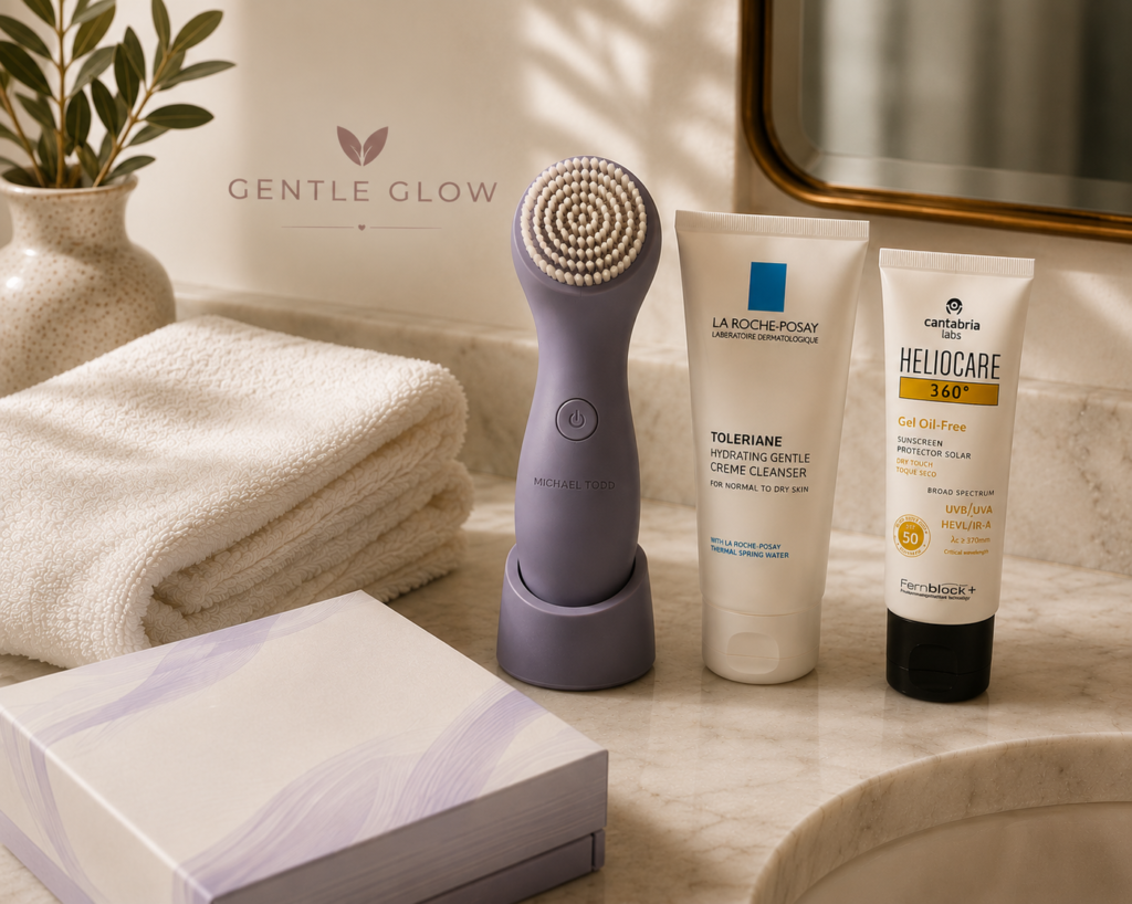 Michael Todd Soniclear cleansing device displayed with a gentle cleanser, sunscreen, and towel as part of a summer skincare routine for oily and acne-prone skin.