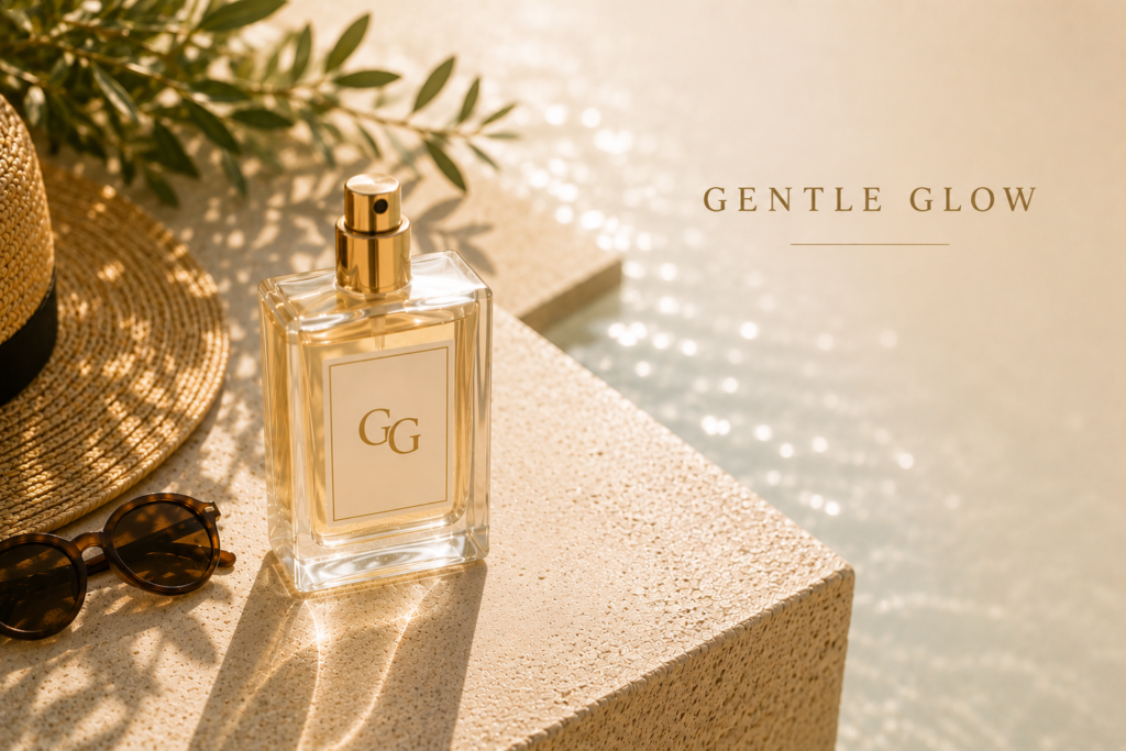 Sun exposure and phototoxic fragrance reactions on skin, illustrated by a perfume bottle in direct summer sunlight.