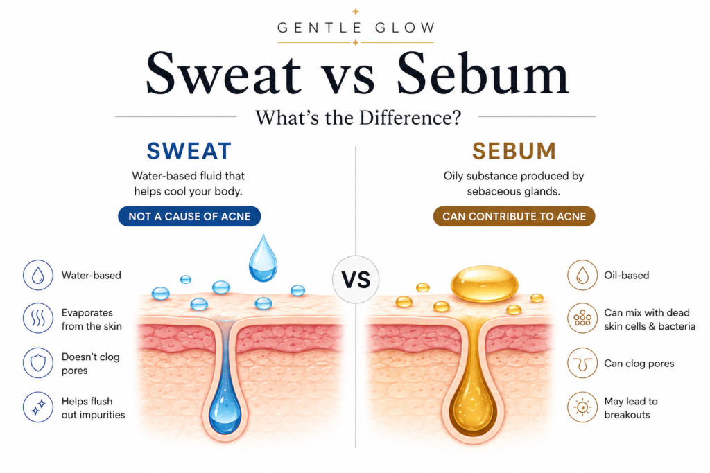Sweat vs sebum comparison infographic showing how sweat and skin oil affect acne-prone skin differently.