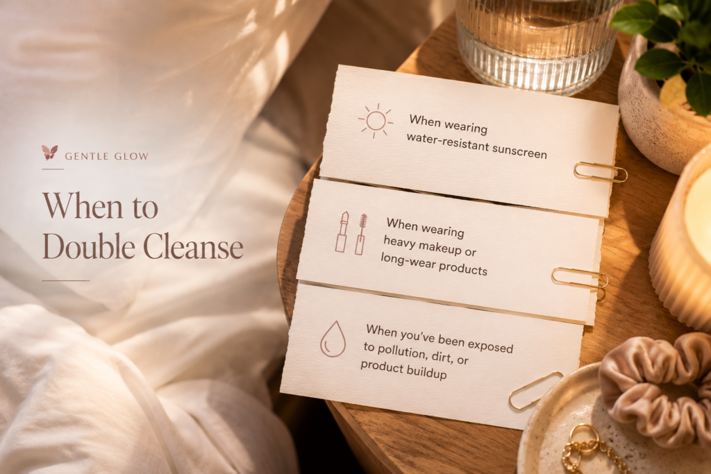 Editorial skincare guide showing when to double cleanse, including water-resistant sunscreen, heavy makeup, and product buildup for oily and acne-prone skin.